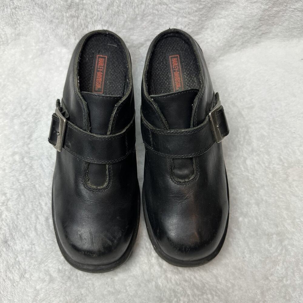 Harley-Davidson Black Leather Chunky Buckle Mules Platform Clogs Size9 Goth Y2K - Picture 4 of 10